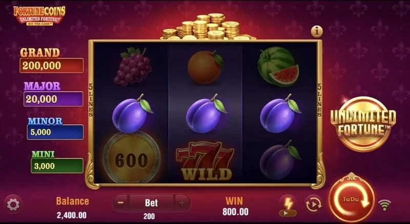 Fortune Coins Unlimited Fortune – základní mřížka 3x3 s ovocnými symboly